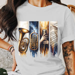 Women's White T-Shirt with Brass Instruments and Music Notes Graphic, Artistic Band Tee