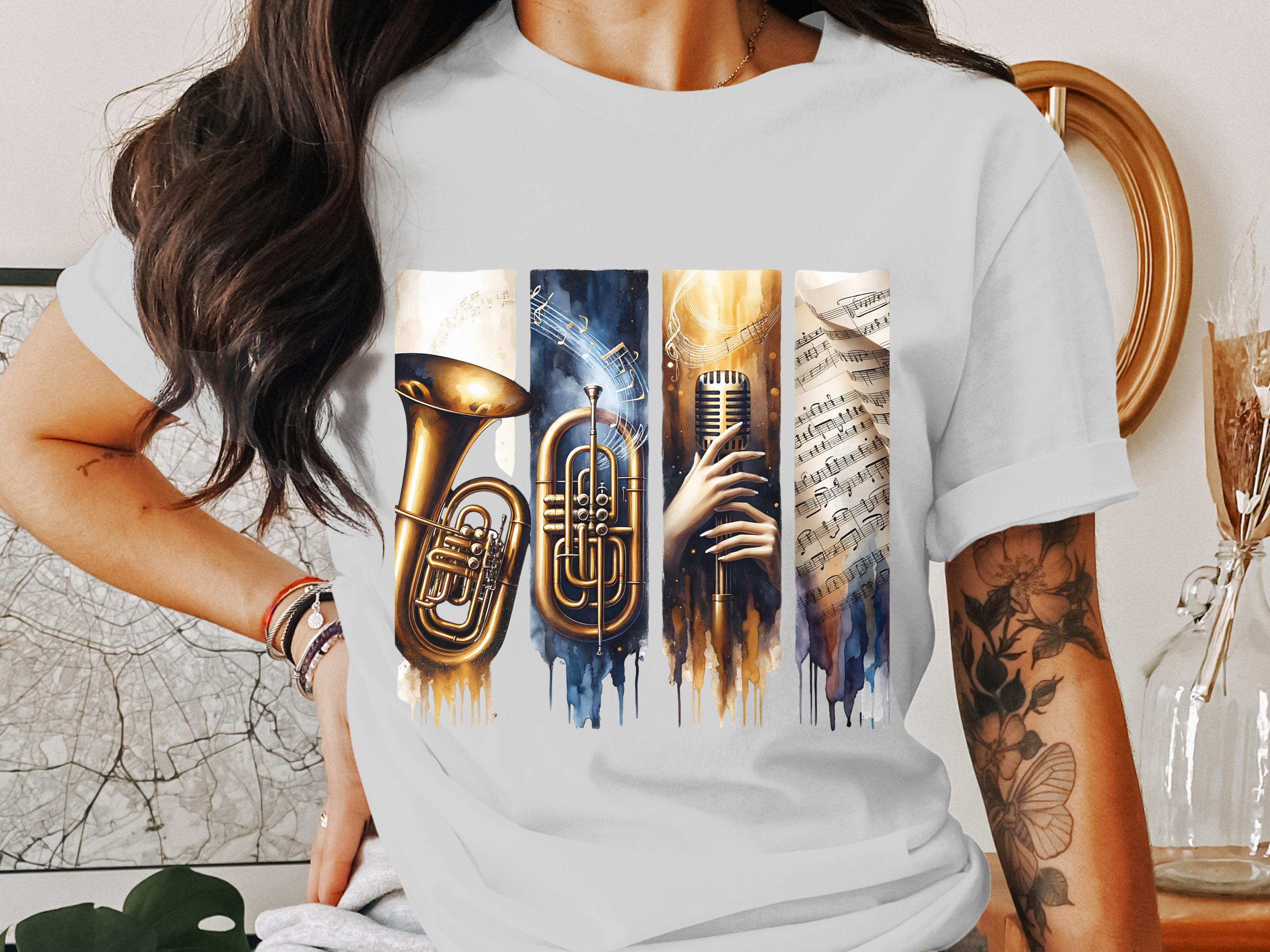 Women's White T-Shirt with Brass Instruments and Music Notes Graphic, Artistic Band Tee