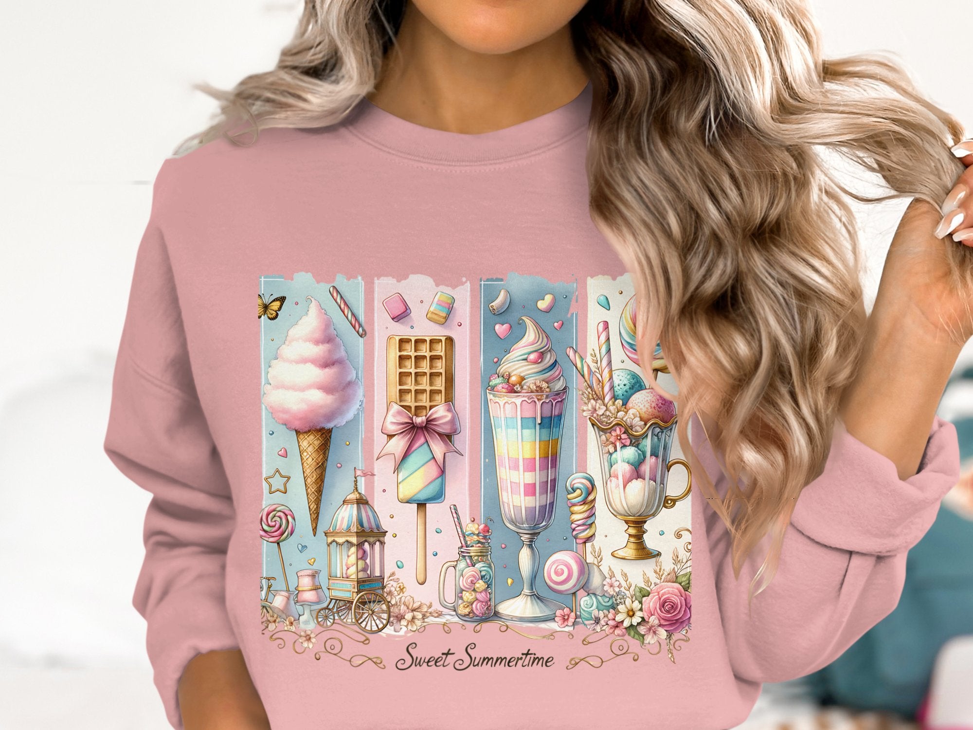 Women's Sweet Summertime Sweatshirt, Pastel Pink Candy Theme Pullover, Cute Aesthetic Apparel, Trendy Graphic Sweater for Her
