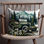 Vintage Jeep Forest Mountain Scene Cushion Cover, Retro Off-Road Vehicle Throw Pillow, Outdoor Adventure Decor