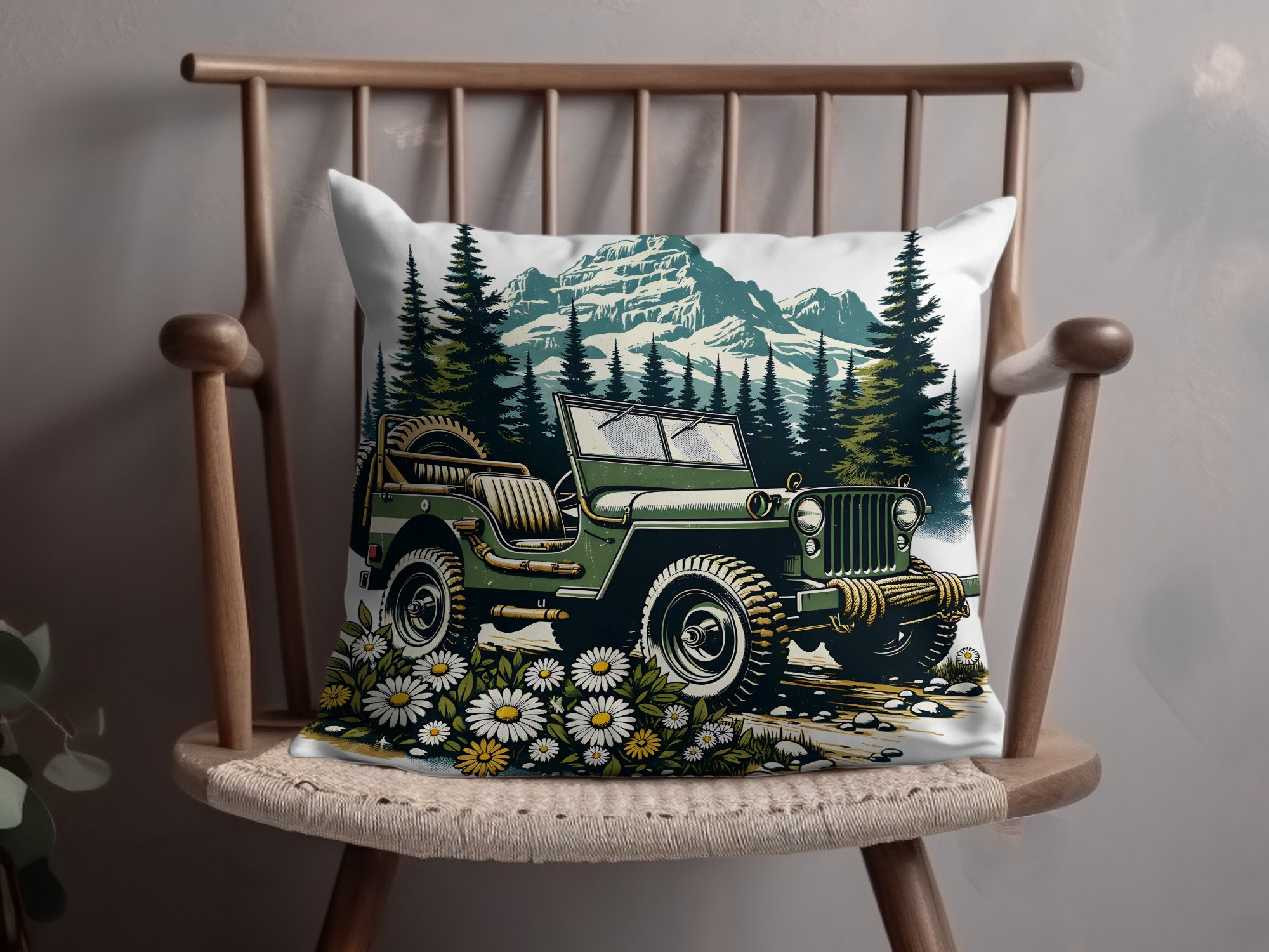 Vintage Jeep Forest Mountain Scene Cushion Cover, Retro Off-Road Vehicle Throw Pillow, Outdoor Adventure Decor