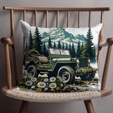 Vintage Jeep Forest Mountain Scene Cushion Cover, Retro Off-Road Vehicle Throw Pillow, Outdoor Adventure Decor