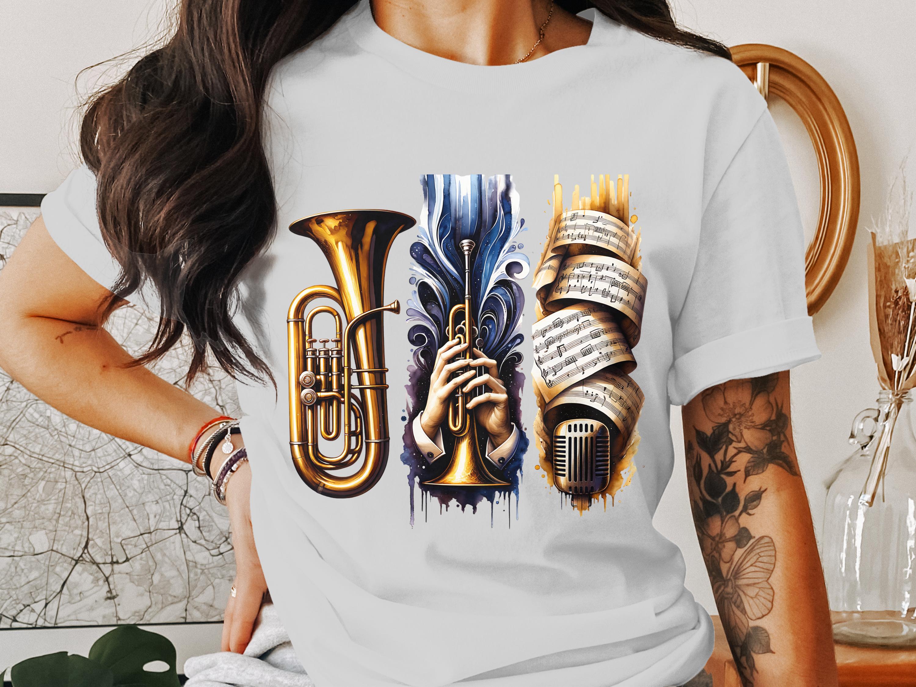 Women's Graphic T-Shirt With Musical Instruments Design - Stylish Casual Top with Vibrant Print
