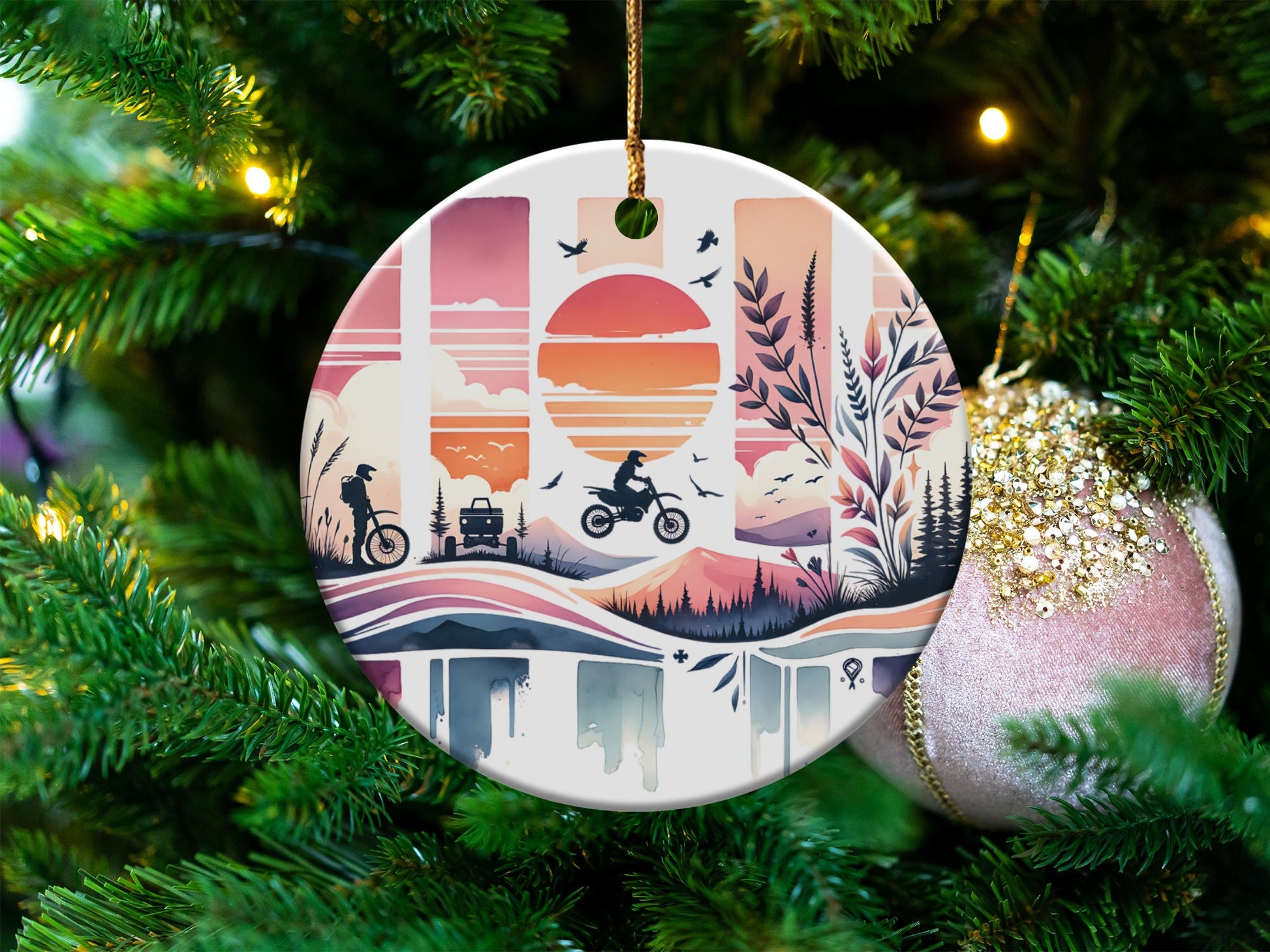 Desert Sunset Ceramic Ornament, Round Christmas Tree Decor, Holiday Gift, Home Decor, Unique Winter Season Hanging Accessory