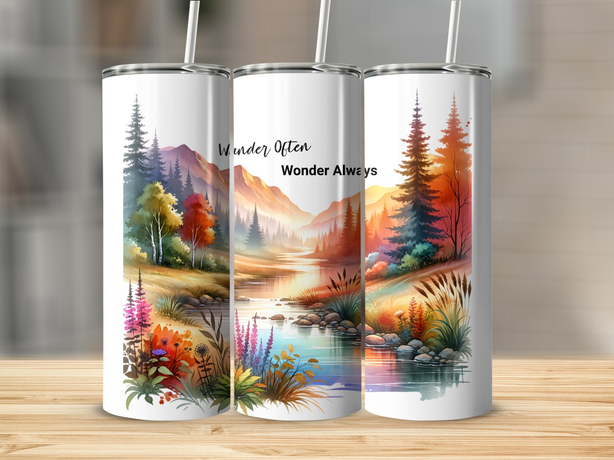 Nature Inspired Tumblers, Wander Often Wonder Always, Scenic Landscape Art, Insulated Travel Cups with Straws
