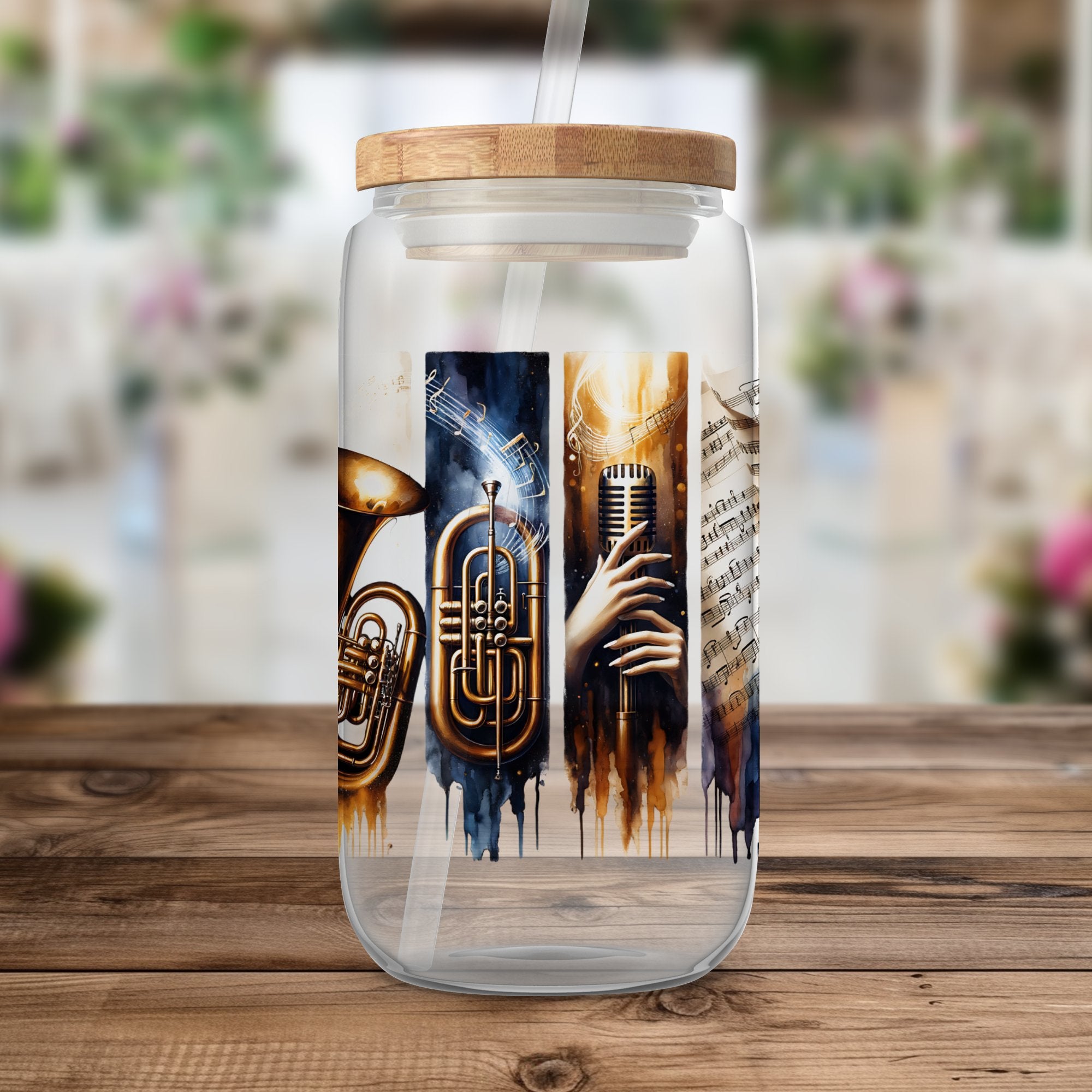 Music Themed Glass Water Bottle, Jazz Instrument Print, Unique Gift for Musicians, Leakproof Lid