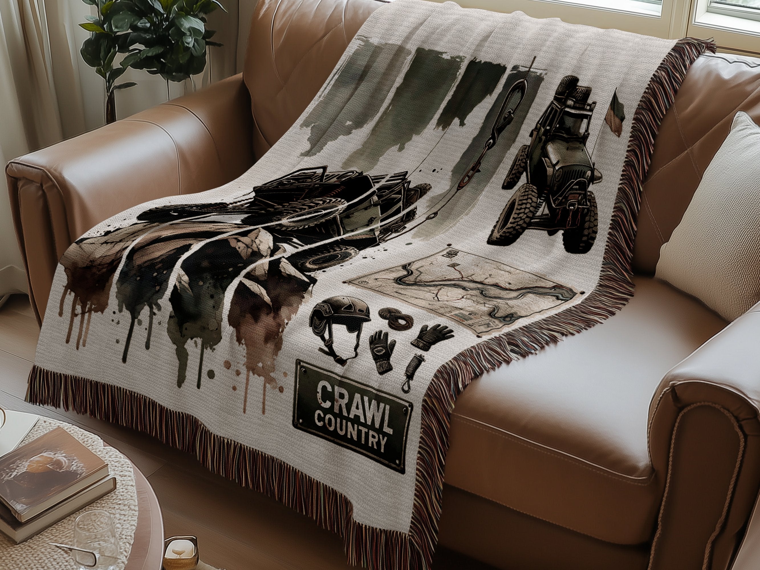 Rustic Off-Road Adventure Throw Blanket, ATV and Dirt Bike Design, Fringed Living Room Decor, Crawl Country Motif, Cozy Home Accessory
