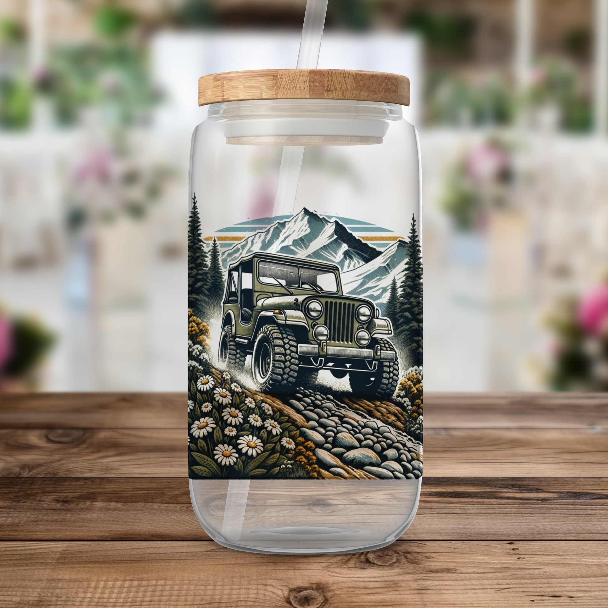 Vintage Jeep Mountain Landscape Water Bottle, Reusable Clear Glass Drinking Jar, Eco-Friendly Gift with Wooden Lid