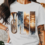 Artistic Music and Architecture T-Shirt, Colorful Brass Instruments, Urban Design Tee, Unique Graphic Shirt for Musicians