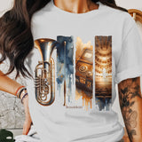 Artistic Music and Architecture T-Shirt, Colorful Brass Instruments, Urban Design Tee, Unique Graphic Shirt for Musicians