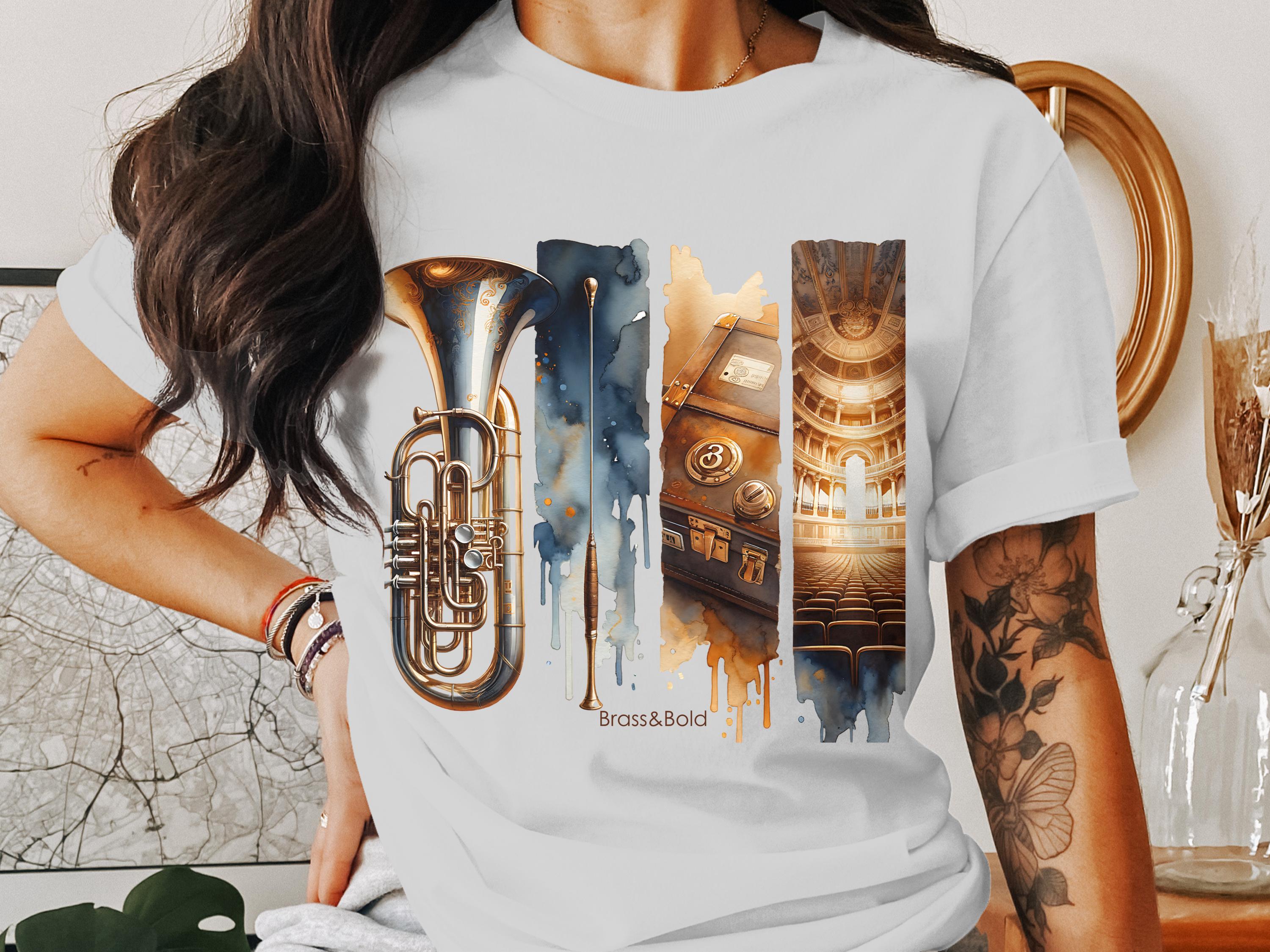 Artistic Music and Architecture T-Shirt, Colorful Brass Instruments, Urban Design Tee, Unique Graphic Shirt for Musicians