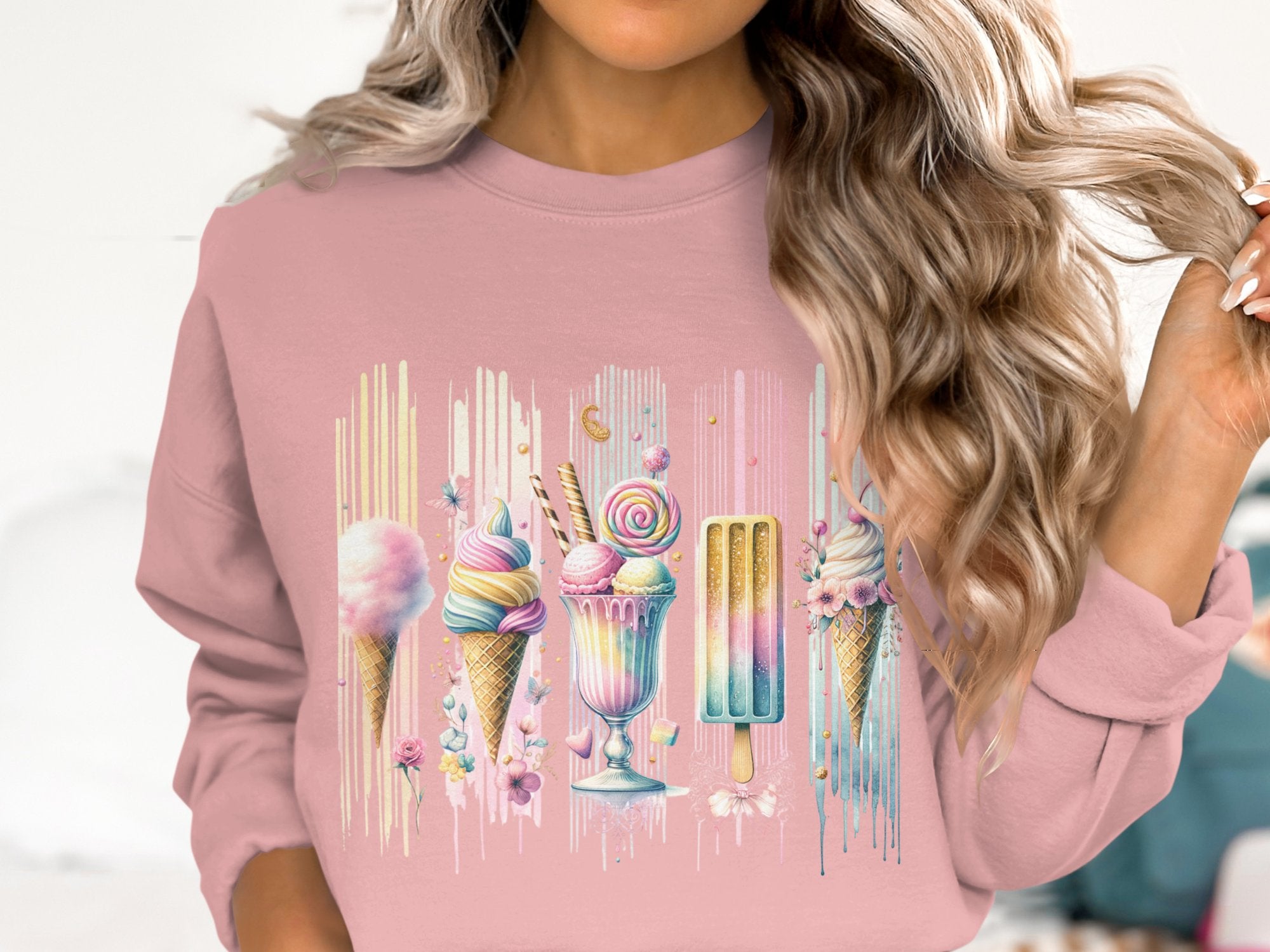 Women's Pastel Pink Sweatshirt with Vibrant Dessert Graphic, Cozy Casual Pullover, Trendy Fashion Top for Her