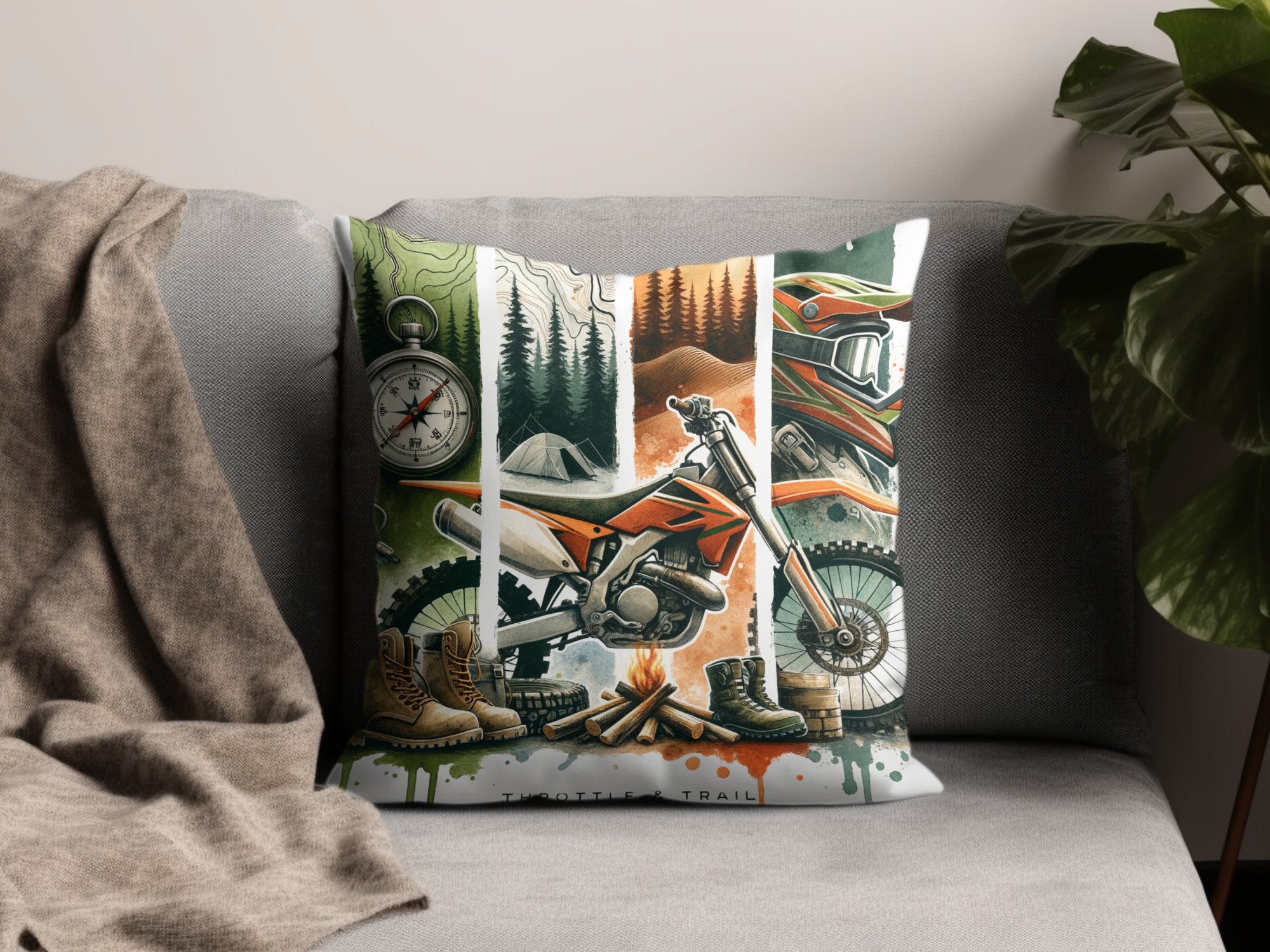 Vintage Motorcycle Adventure Throw Pillow, Off-Road Biking Decorative Cushion, Outdoor Travel Theme Home Accessory