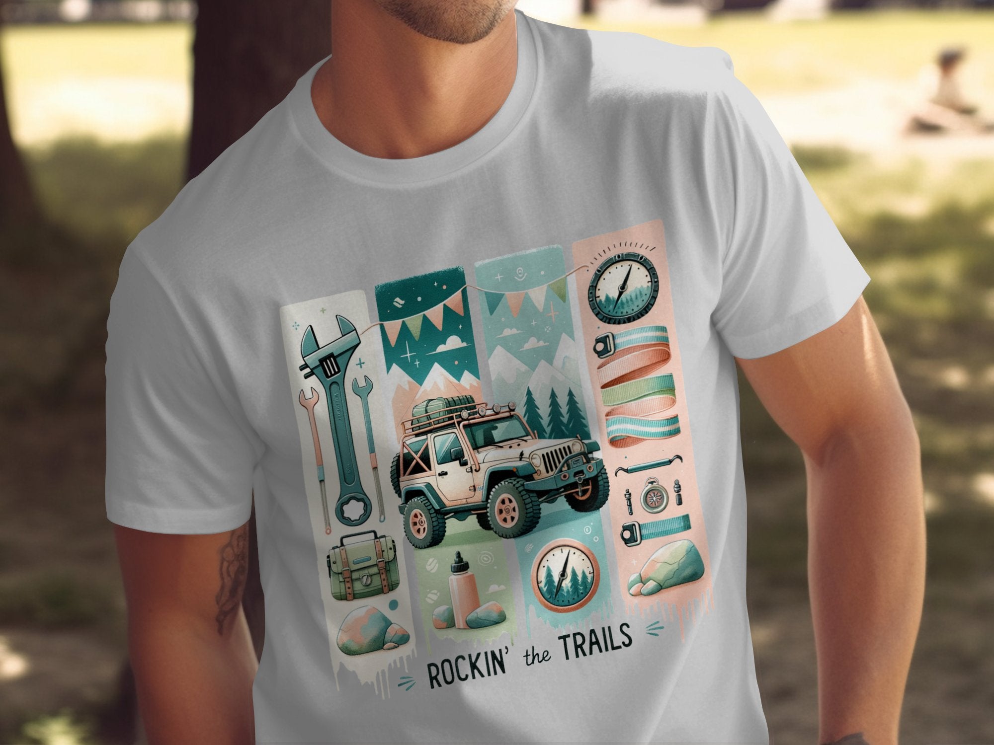 Men's Outdoor Adventure T-Shirt, Rockin the Trails Graphic Tee, Off-Road Jeep and Camping Design, Nature Inspired Clothing
