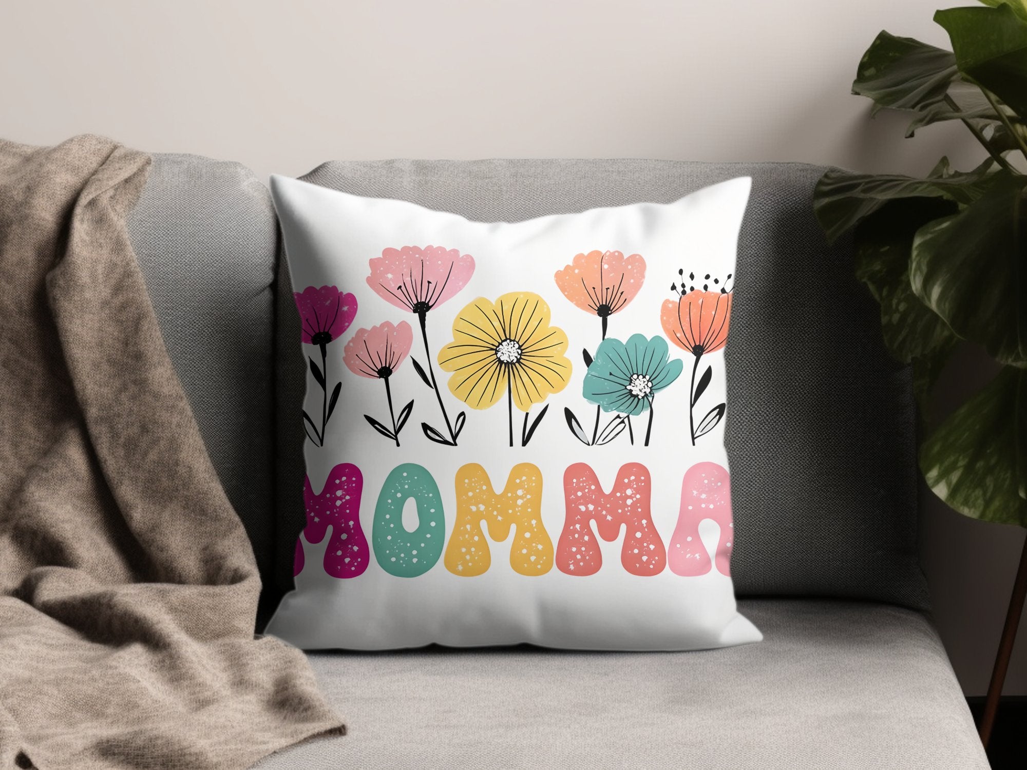 Colorful Floral Momma Throw Pillow, Mother's Day Gift, Decorative Cushion for Sofa, Home Decor