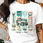 Rockin' the Trails Graphic T-Shirt, Outdoor Adventure Jeep and Camping Gear Design, Unisex White Tee for Hikers