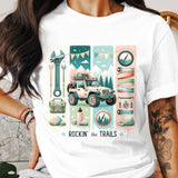 Rockin' the Trails Graphic T-Shirt, Outdoor Adventure Jeep and Camping Gear Design, Unisex White Tee for Hikers