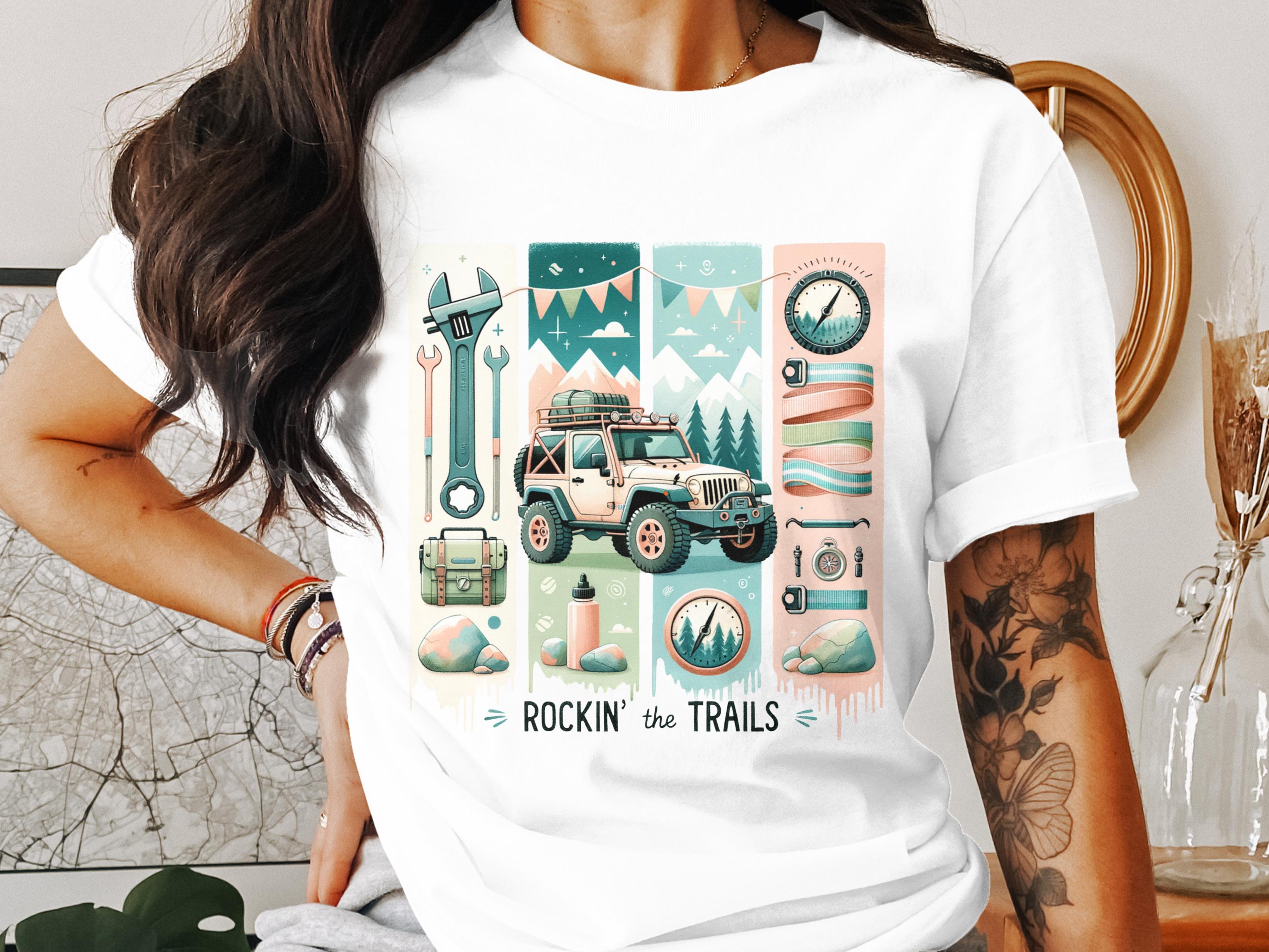 Rockin' the Trails Graphic T-Shirt, Outdoor Adventure Jeep and Camping Gear Design, Unisex White Tee for Hikers