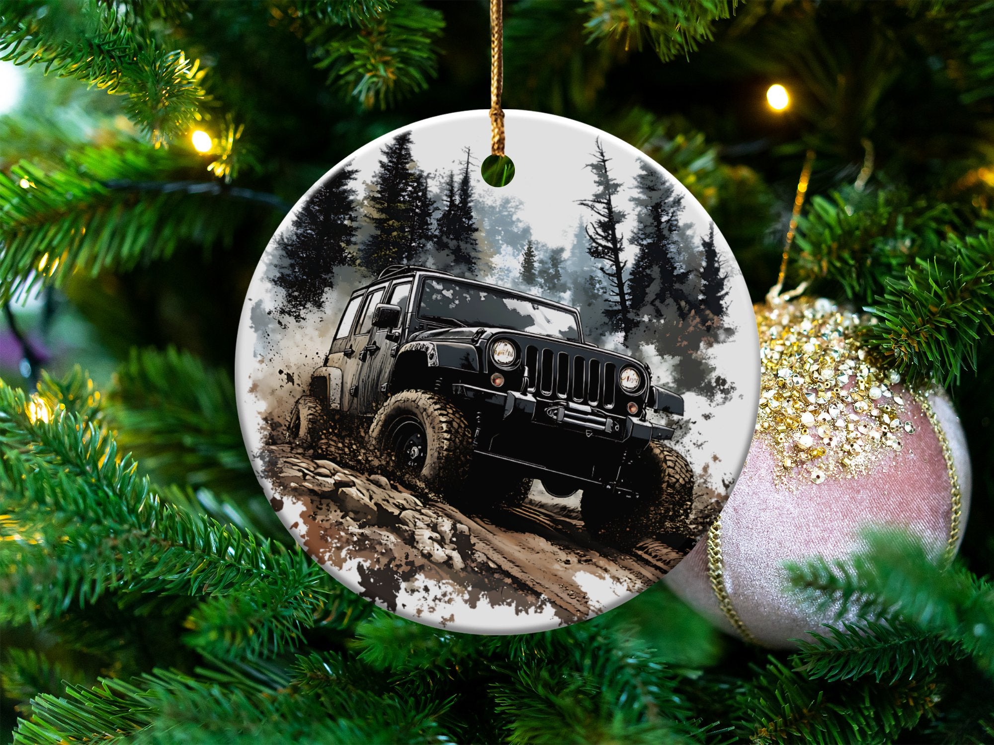 Off-Road Jeep Adventure Ceramic Ornament, Christmas Tree Decor, Outdoor 4x4 Vehicle, Gift for Car Enthusiasts, Holiday Decoration