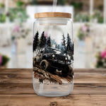 Off-Road Jeep Adventure Water Bottle, Reusable Glass Container with Wood Lid, Jeep Lover Gift, Outdoor Vehicle Print Drinkware
