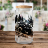 Off-Road Jeep Adventure Water Bottle, Reusable Glass Container with Wood Lid, Jeep Lover Gift, Outdoor Vehicle Print Drinkware