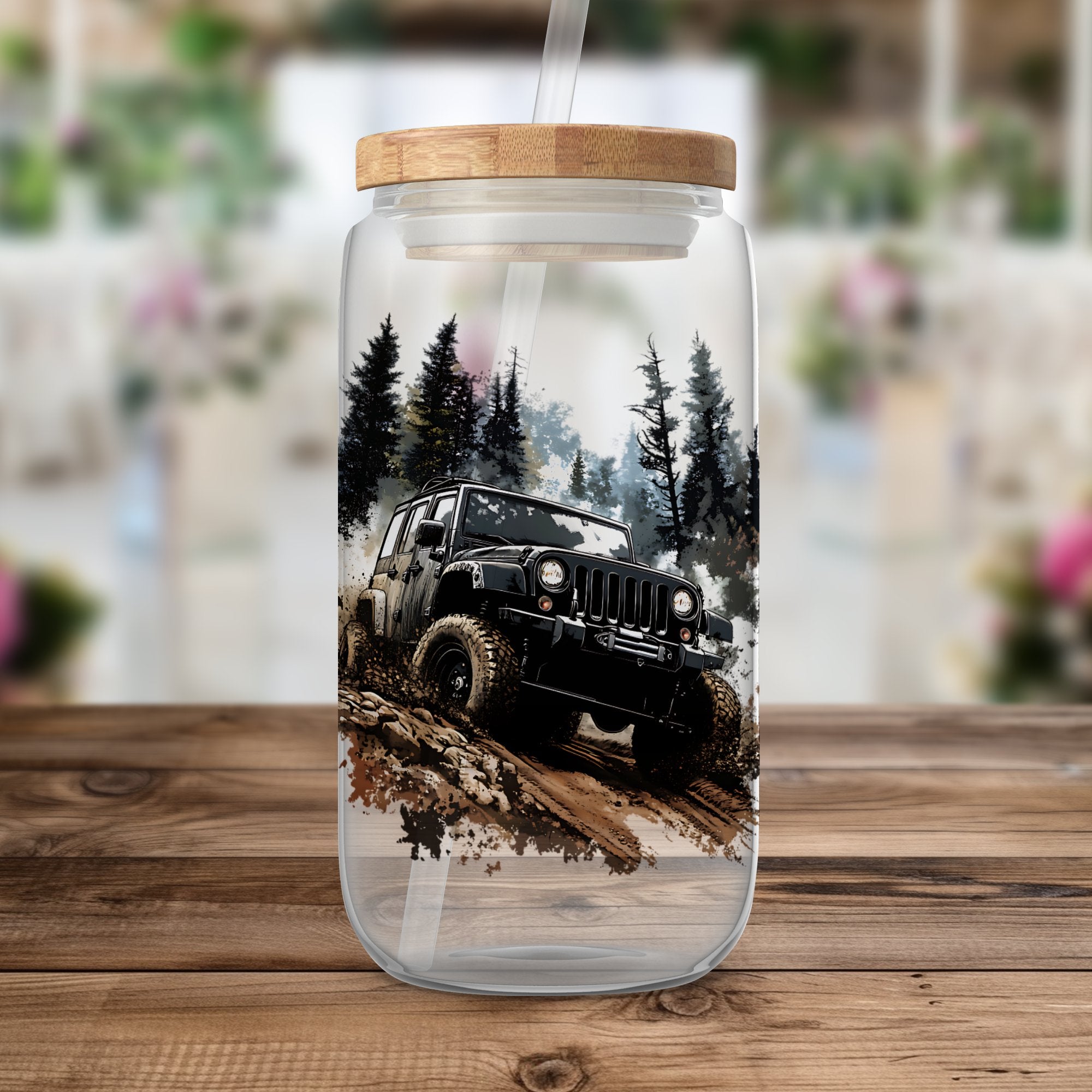 Off-Road Jeep Adventure Water Bottle, Reusable Glass Container with Wood Lid, Jeep Lover Gift, Outdoor Vehicle Print Drinkware