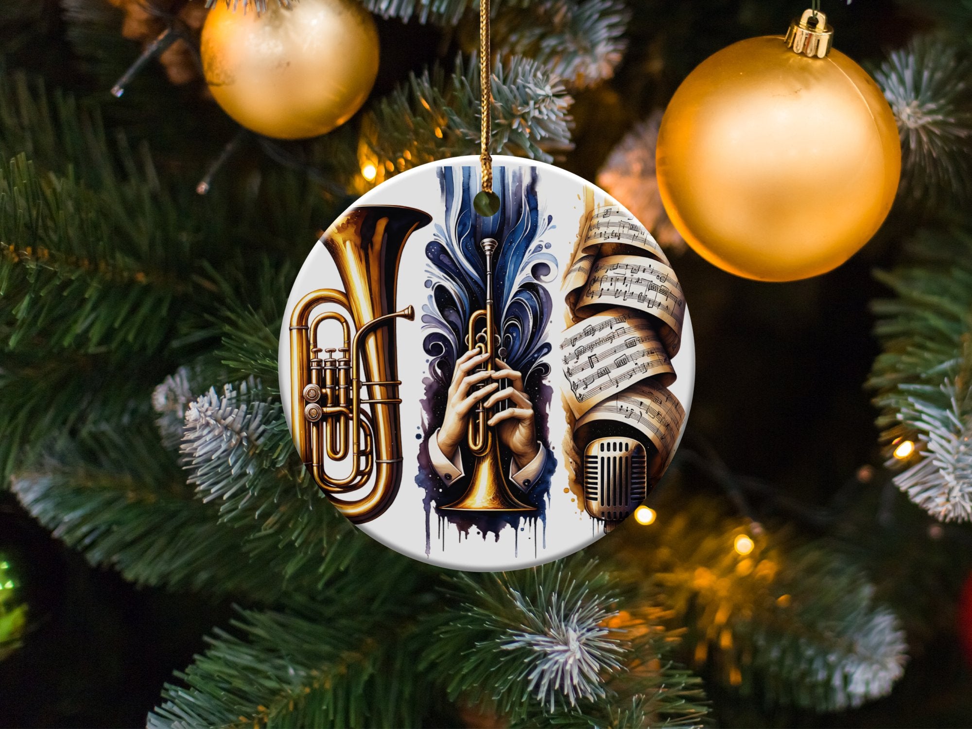 Unique Musical Instrument Themed Christmas Ornament, Trumpet and Sheet Music Design, Festive Tree Decor