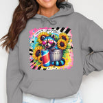 Colorful Artistic Hoodie with Sunflowers, Paint Brushes, Cans Design, Creative Casual Wear for Artists and Art Lovers