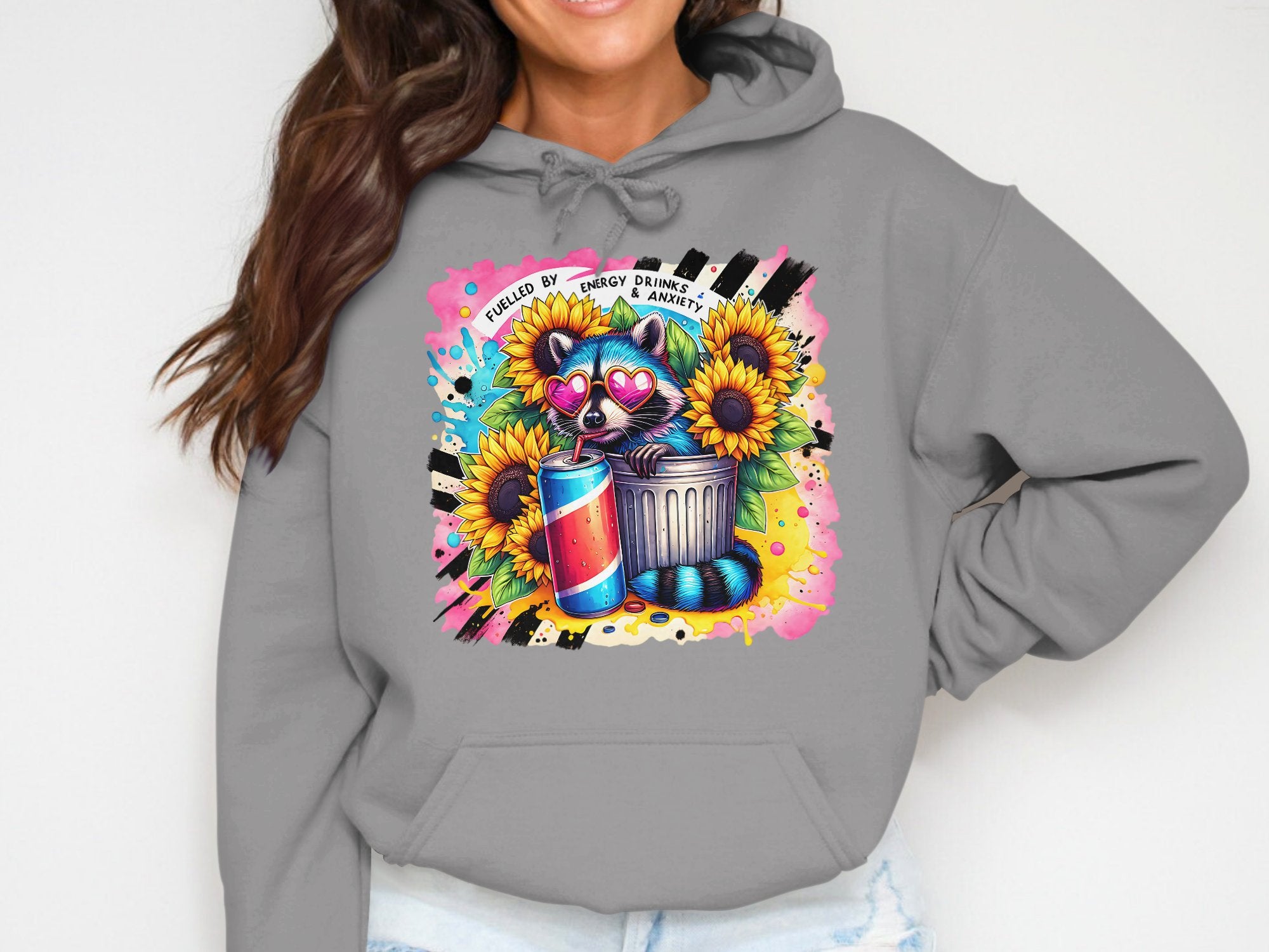Colorful Artistic Hoodie with Sunflowers, Paint Brushes, Cans Design, Creative Casual Wear for Artists and Art Lovers