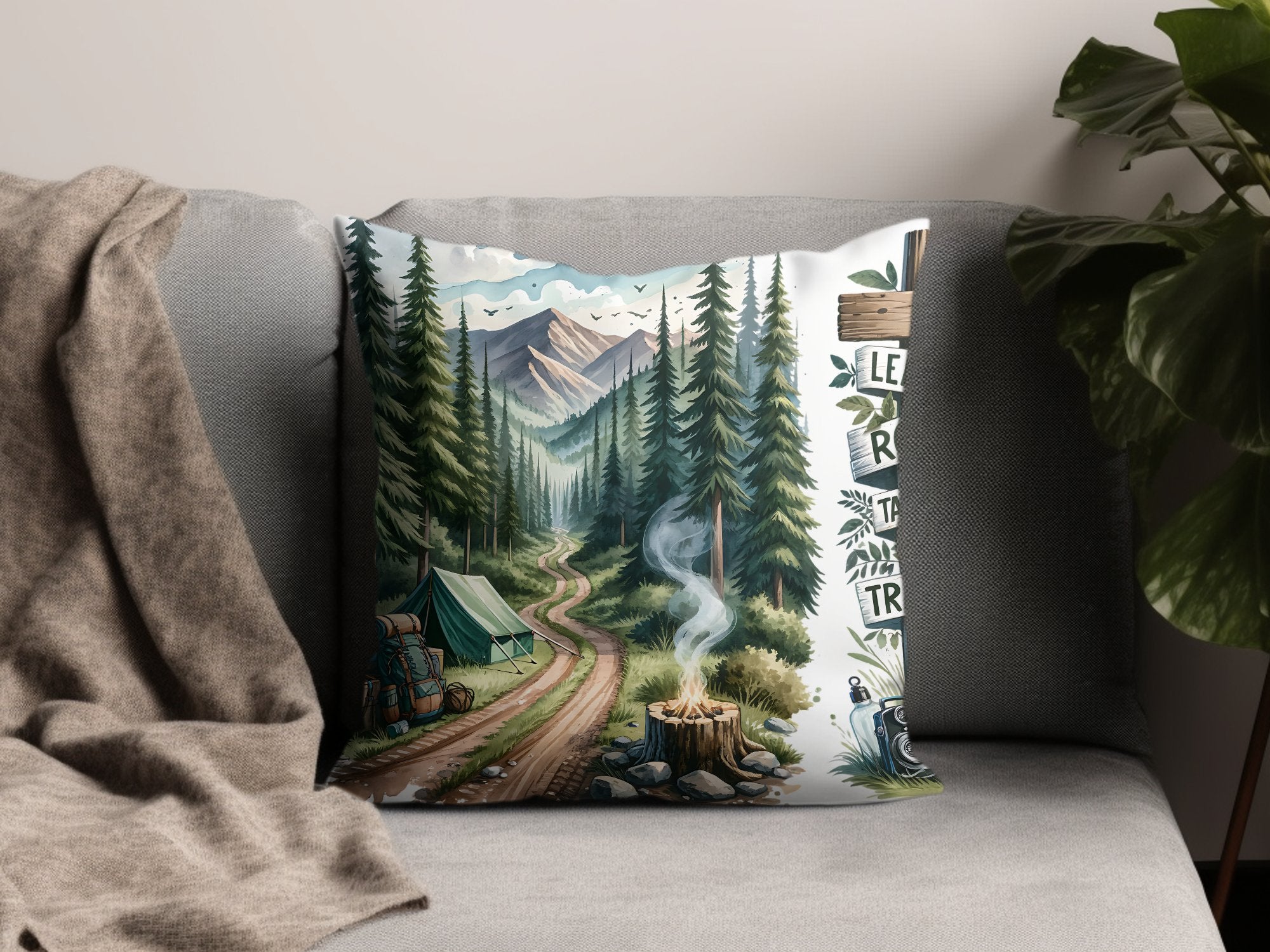 Forest Camping Scene Throw Pillow, Mountain Landscape Cushion, Decorative Sofa Pillow, Nature Inspired Home Decor, Woodland Art