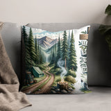Forest Camping Scene Throw Pillow, Mountain Landscape Cushion, Decorative Sofa Pillow, Nature Inspired Home Decor, Woodland Art
