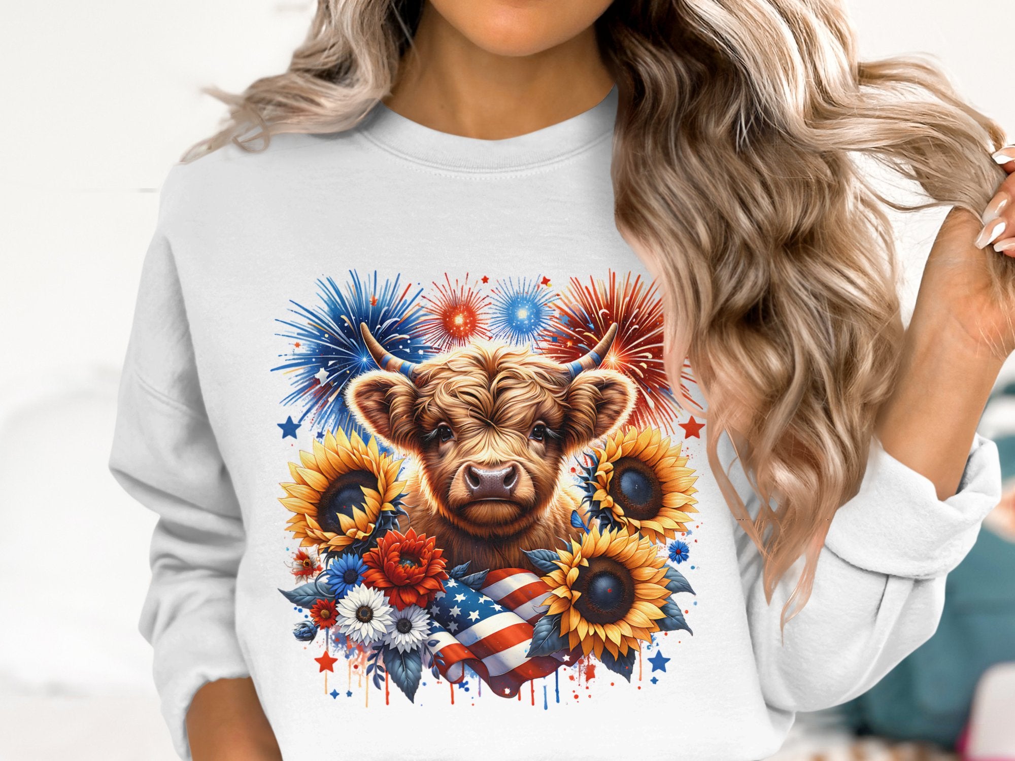 Patriotic Highland Cow Graphic Sweatshirt, Floral Firework Design, Independence Day Apparel