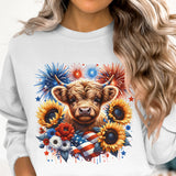Patriotic Highland Cow Graphic Sweatshirt, Floral Firework Design, Independence Day Apparel
