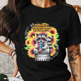 Fueled by Energy Drinks and Anxiety Raccoon T-Shirt, Cute Animal Graphic Tee, Sunflower Print, Unisex Black Shirt