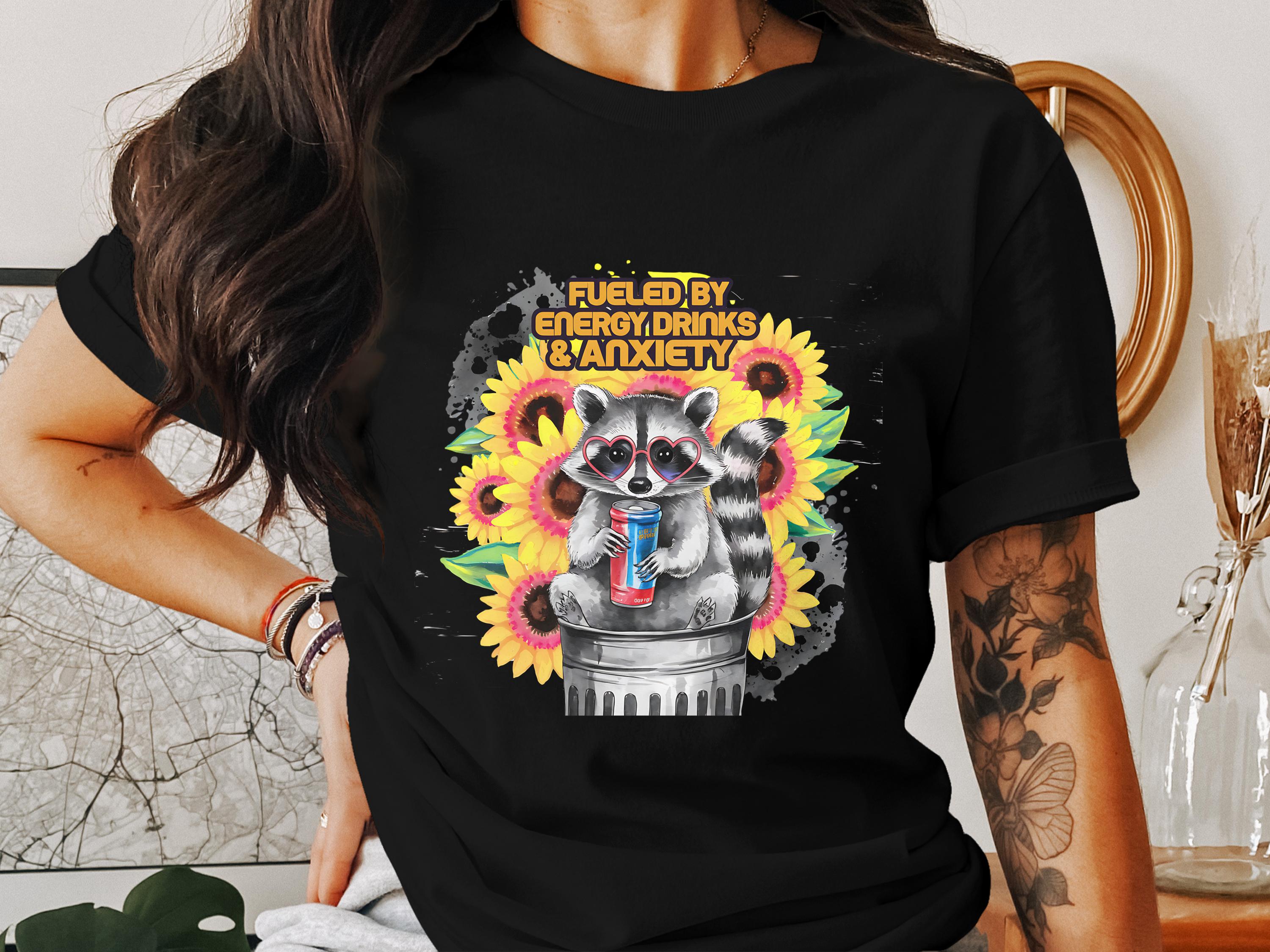 Fueled by Energy Drinks and Anxiety Raccoon T-Shirt, Cute Animal Graphic Tee, Sunflower Print, Unisex Black Shirt