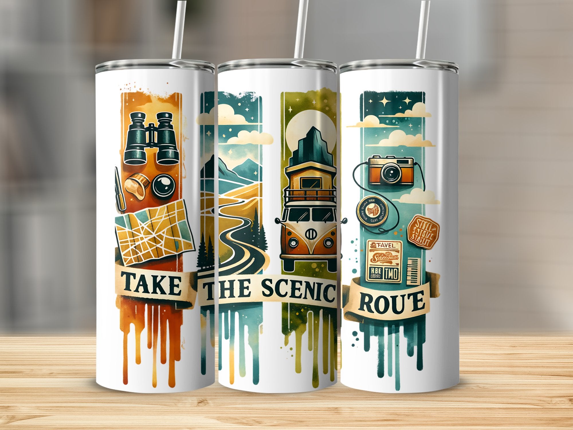 Scenic Route Illustrated Travel Tumblers, Adventure Camping Hiking, Stainless Steel Insulated Cups