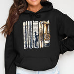 Women's Black Hoodie with Musical Instruments and Sheet Music Design, Cozy Pullover Sweatshirt