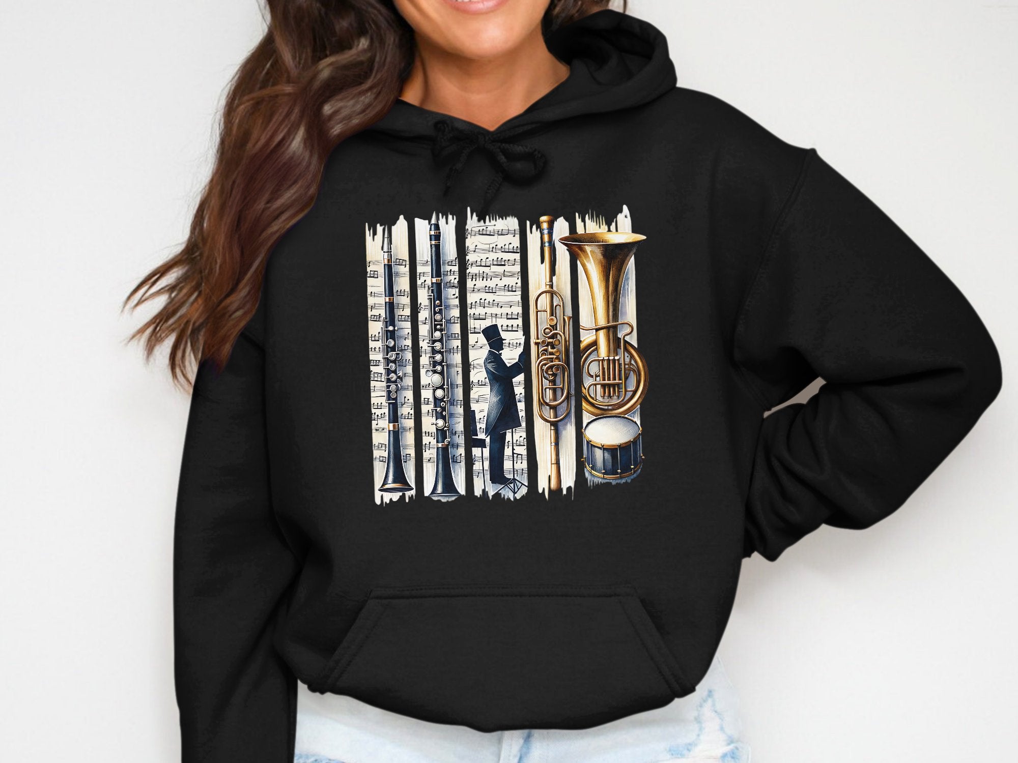 Women's Black Hoodie with Musical Instruments and Sheet Music Design, Cozy Pullover Sweatshirt