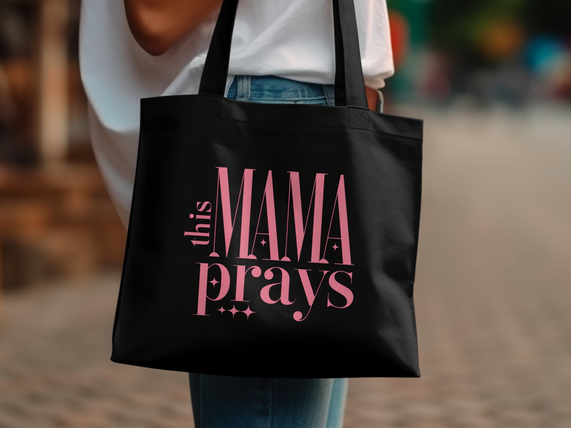 Stylish Black Tote Bag with 'This Mama Prays' Pink Text, Durable Canvas Shopping Bag, Gift for Moms
