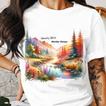 Colorful Nature Landscape T-Shirt, Scenic Mountain Lake Graphic Tee, Unisex Casual Wear, Vibrant Outdoor Design