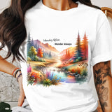 Colorful Nature Landscape T-Shirt, Scenic Mountain Lake Graphic Tee, Unisex Casual Wear, Vibrant Outdoor Design