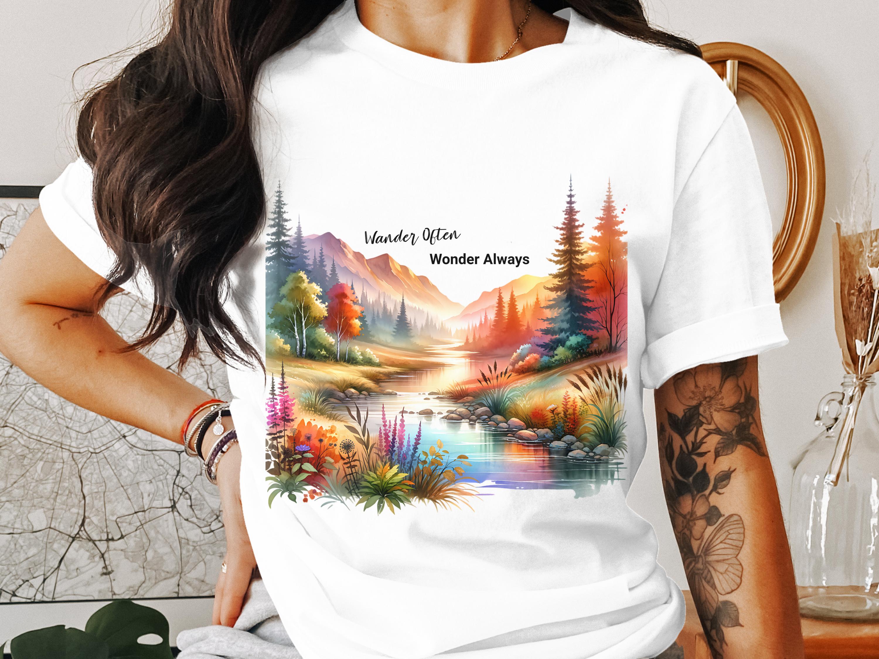 Colorful Nature Landscape T-Shirt, Scenic Mountain Lake Graphic Tee, Unisex Casual Wear, Vibrant Outdoor Design