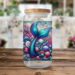 Colorful Mermaid Tail Illustration Glass Jar, Kitchen Storage, Unique Seashells and Ocean Theme Decor