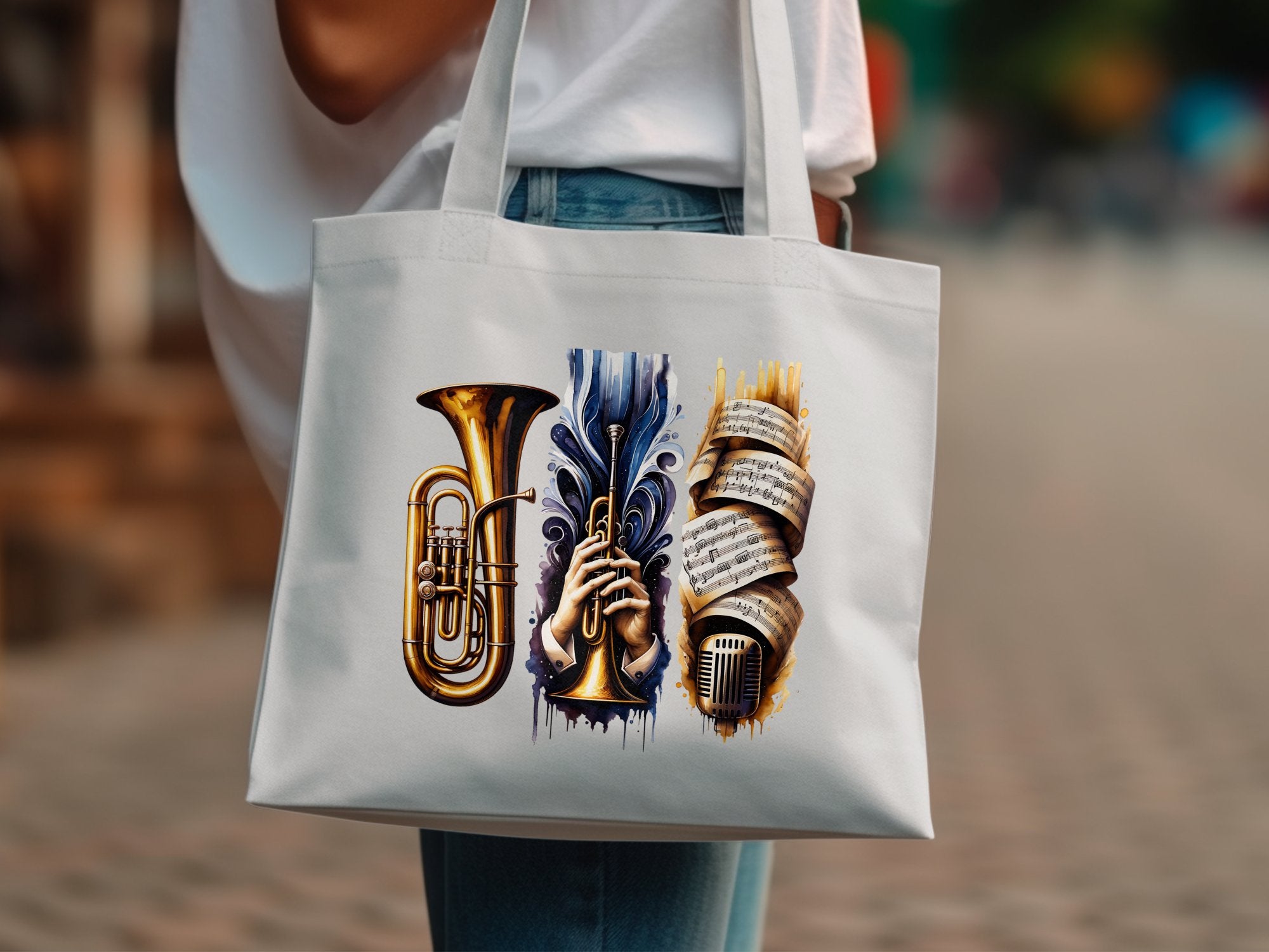 Music Themed Tote Bag, Colorful Brass Instruments Design, Canvas Shoulder Bag, Unique Gift for Musicians and Teachers
