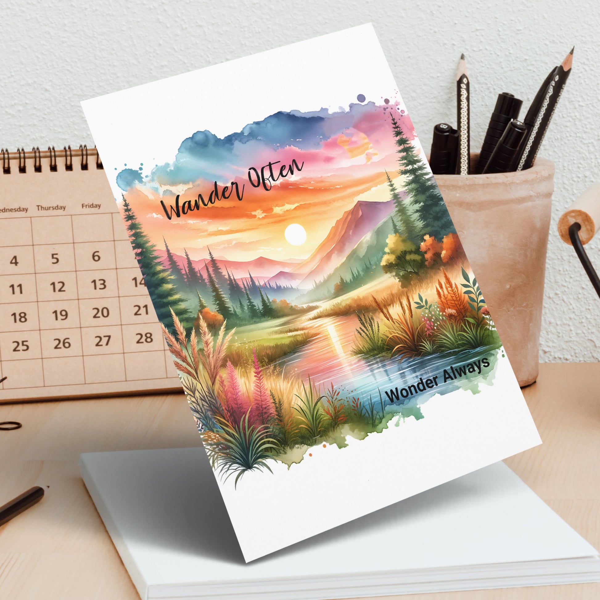Wander Often Wonder Always Inspirational Quote Watercolor Landscape Greeting Card Art Print