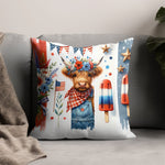Patriotic Highland Cow Throw Pillow, 4th of July Decorative Cushion, Red White Blue, Festive Home Decor, Independence Day Sofa Accessory