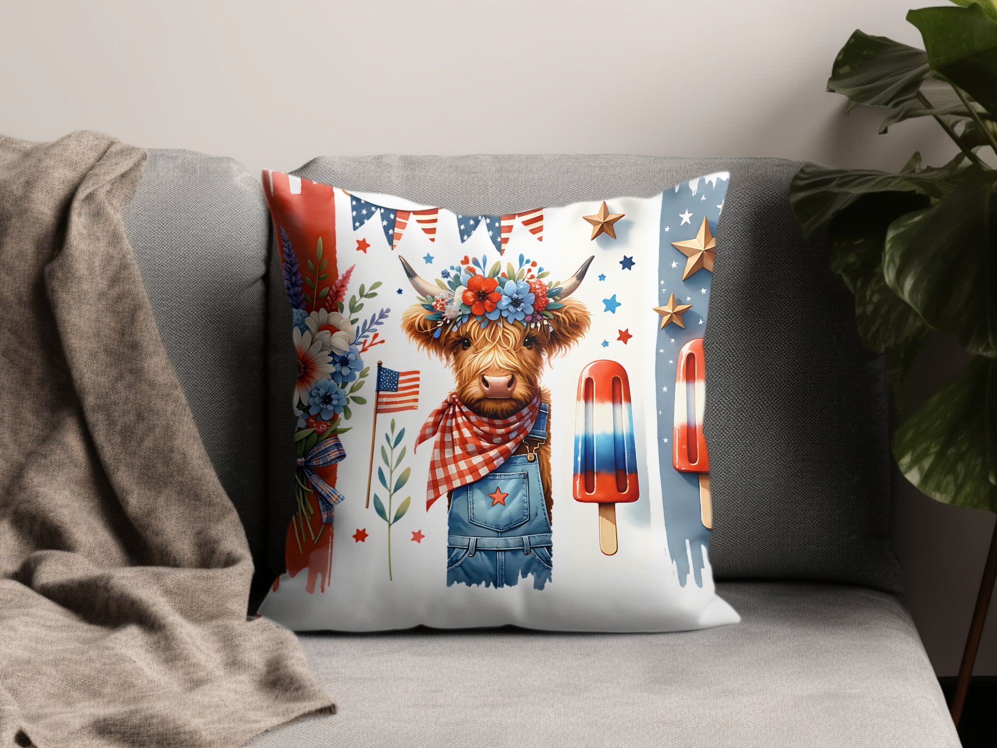 Patriotic Highland Cow Throw Pillow, 4th of July Decorative Cushion, Red White Blue, Festive Home Decor, Independence Day Sofa Accessory