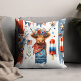 Patriotic Highland Cow Throw Pillow, 4th of July Decorative Cushion, Red White Blue, Festive Home Decor, Independence Day Sofa Accessory