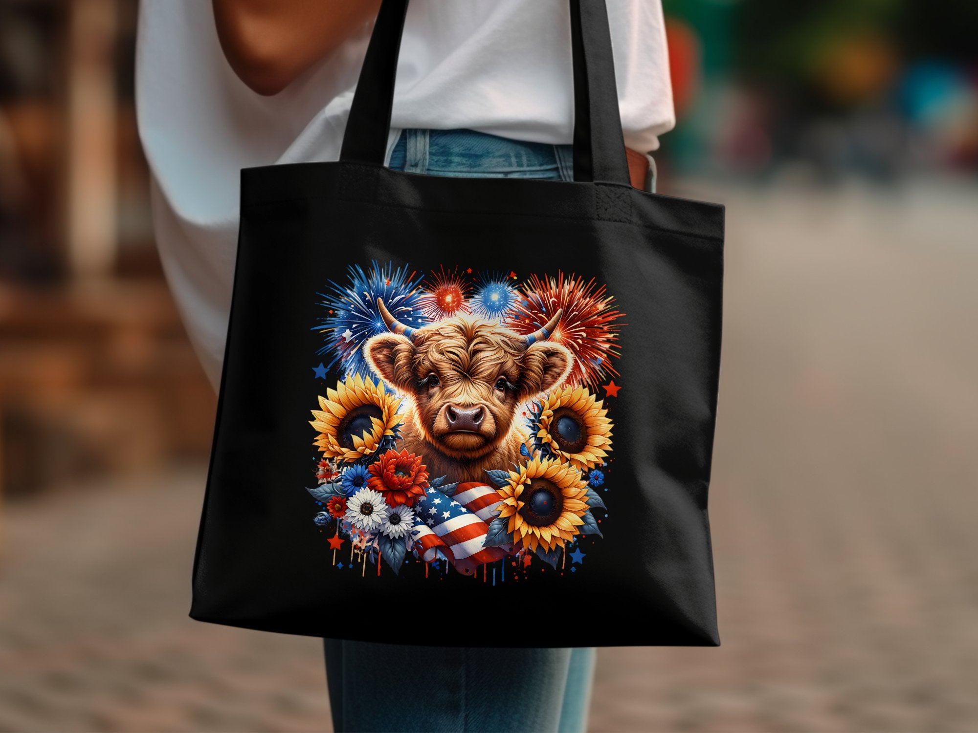 Highland Cow Tote Bag, Floral Firework Design, Colorful Shoulder Carryall, Vibrant Animal Print Shopper, Unique Grocery Bag