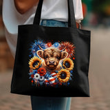 Highland Cow Tote Bag, Floral Firework Design, Colorful Shoulder Carryall, Vibrant Animal Print Shopper, Unique Grocery Bag